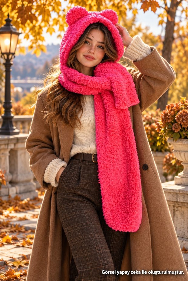 Women's Plush Scarf Beanie with Teddy Bear Print and Hood—Soft and Cozy Winter Scarf Beanie