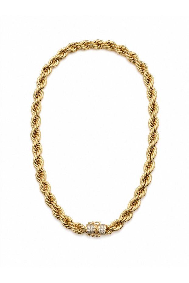 Gold Necklace with Stone-Embellished Lock and Twisted Chain Detail.