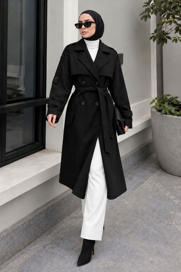 Double-Breasted Lapel Detail Cashmere Coat Tsd260378 Black