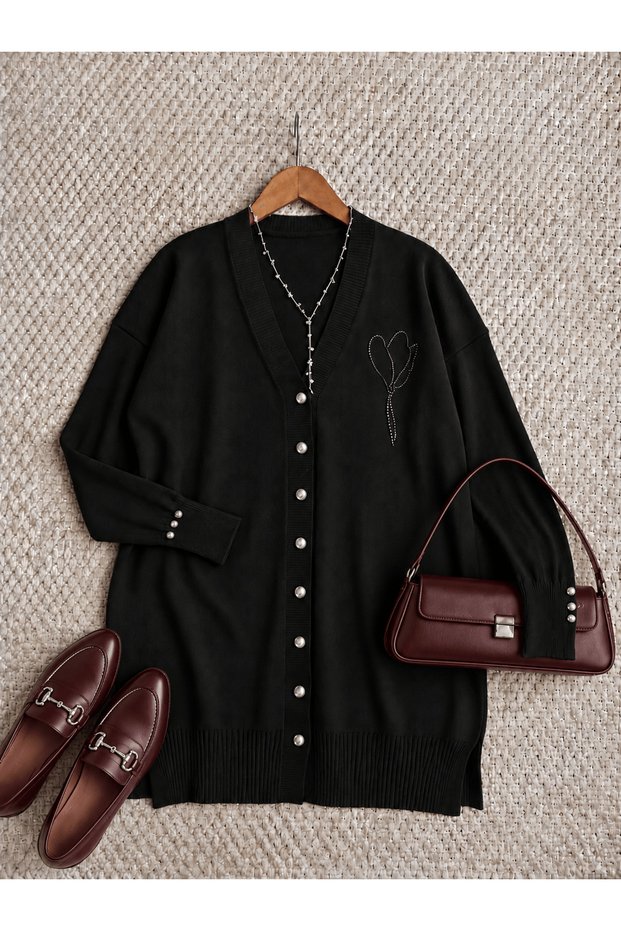 V-Neck Stone Collar Embroidered Knit Cardigan - 3260 - Black (Ös)