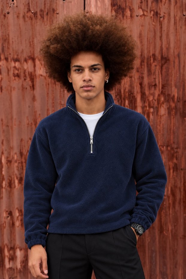 Men's Casual Navy Blue Fleece Sweatshirt with Zipper Collar and Polo Collar