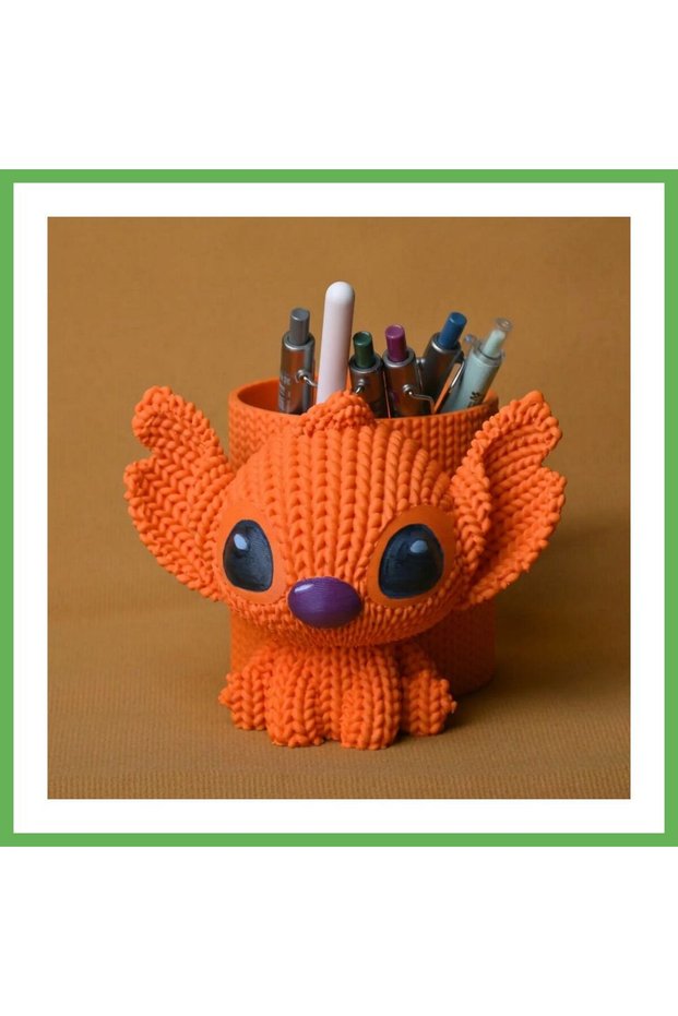 3D-Printed Knitted Pencil Holder - Cute Character Desktop Pen Organizer - Orange GEN01
