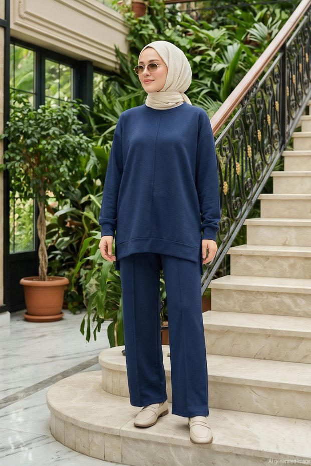 Basic Jersey Set with Tunic and Pants 002 Navy Blue