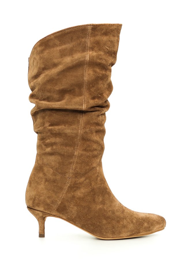 Genuine Suede Leather Women's Short-Heeled Tobacco-Colored Boots - ZB103