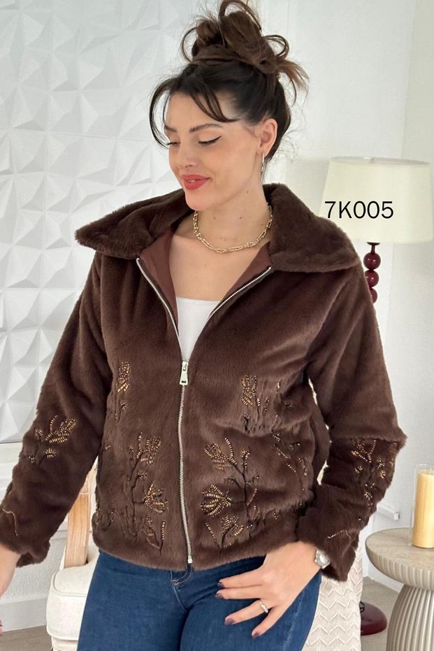 Beaded Rabbit-Textured Fur Jacket 7k005