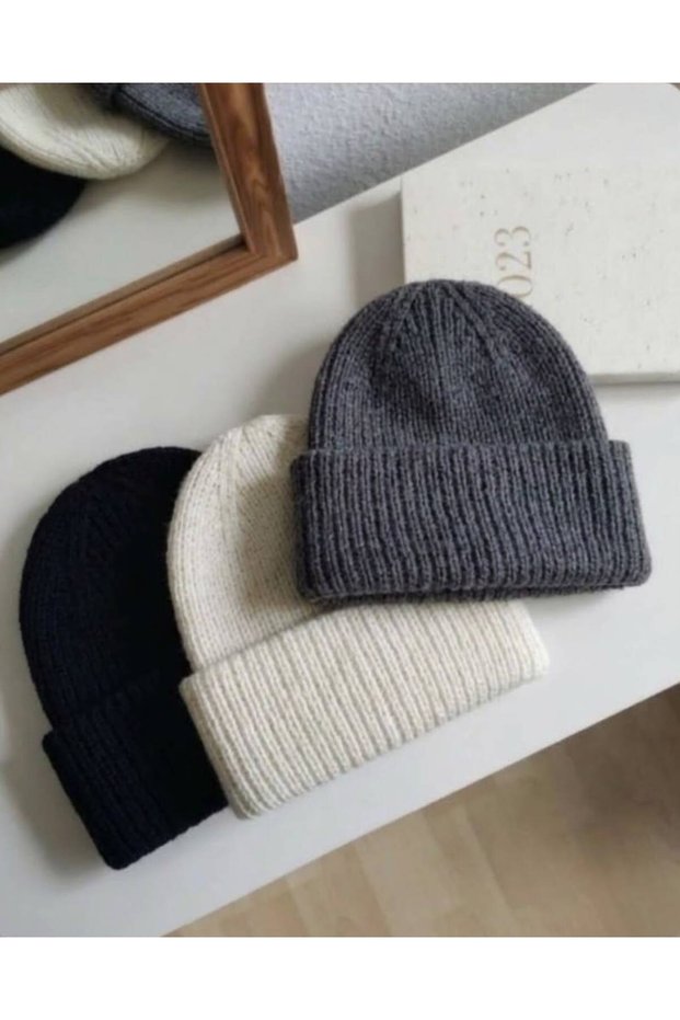 Unisex Foldable Black-White-Gray 3-Piece Beanie Set