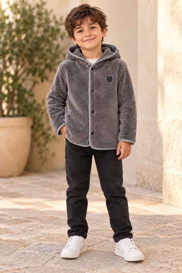 Fluffy Gray Plush Jacket with Snap-Fastened Design