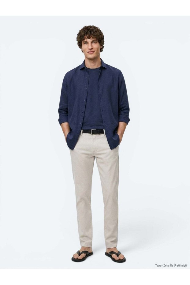 Navy Blue Solid Regular Fit Long-Sleeve Woven Casual Cotton Blend Shirt 10143029-200