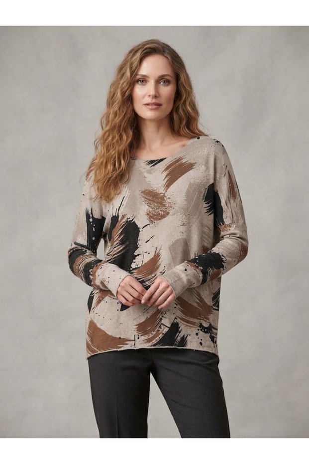 Women's Italian Round-Necked Long-Sleeved Knit Blouse with Brush Stroke Pattern