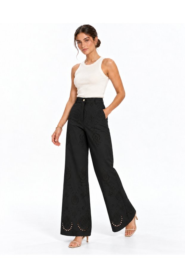 Women's High-Waisted, Fisto-Embroidered Wide-Leg Pants