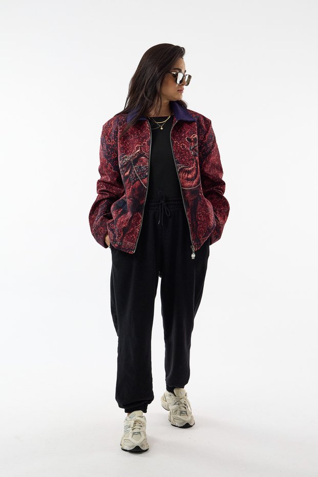 Women's Velvet Jacket with Camel Print and Zipper COC3739