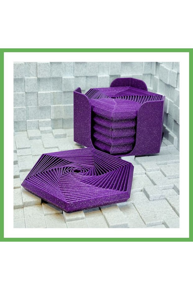 3D-Printed Super Fidget Coaster Set - Hexagonal-Patterned Coaster and Holder - Purple GEN01