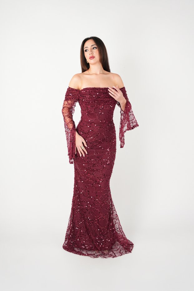 Full Beaded Fabric Boat Neck Evening Dress - Bordo
