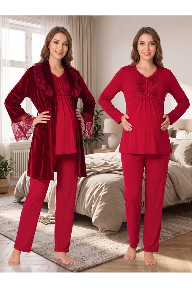 New Season Fuchsia Lace-Detailed, Easy-Breastfeeding Design, Long-Sleeved Postpartum and Maternity Velvet Robe Pajama Set