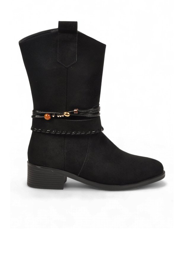 Black Suede Women's Western Zip-Up Boots with Fleece-Lined Insulation, Stylish Ankle Accessory Detail, and Heels 322234