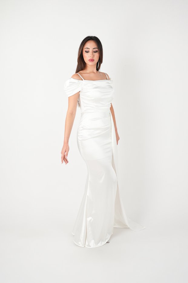 Satin Fabric Gathered Shawl Detailed Evening Dress - White