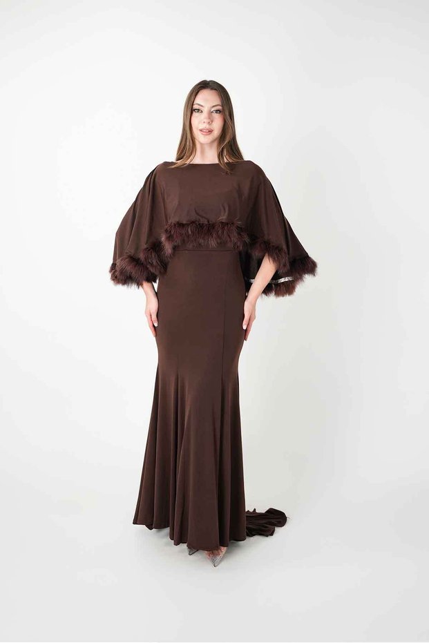 Sandy Fabric Cape Detailed Dress - Brown