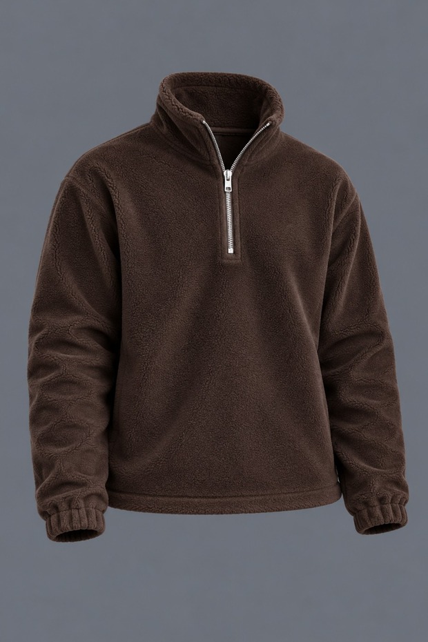 Men’s Mock Neck Half-Zip Winter Dark Brown Fleece-Lined Sweatshirt