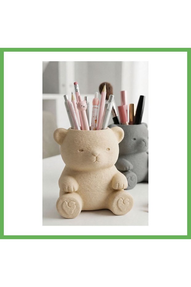3D-Printed Cute Teddy Bear Pencil Holder - Desktop Organizer - Beige GEN01