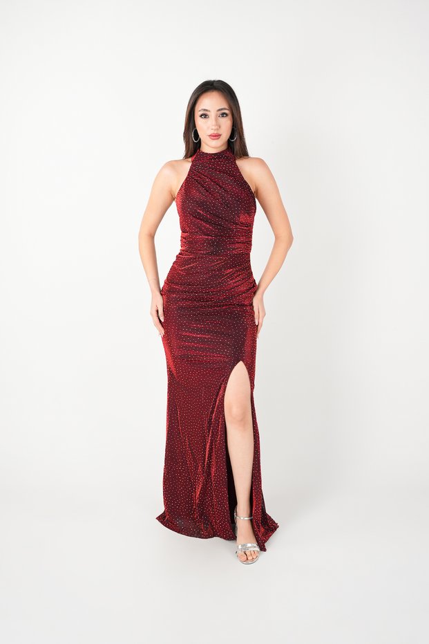 Stoned Jacquard Fabric Halter Neck Evening Dress - Bordo