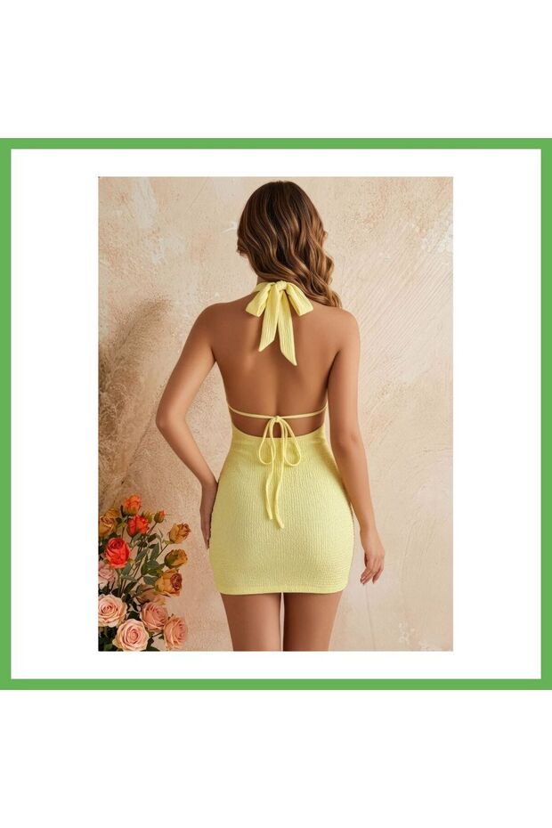 Women's Yellow, Plunging Neckline, and Ruched Evening Dress 5224 · Size: L/Xl · Color: Yellow Gen01
