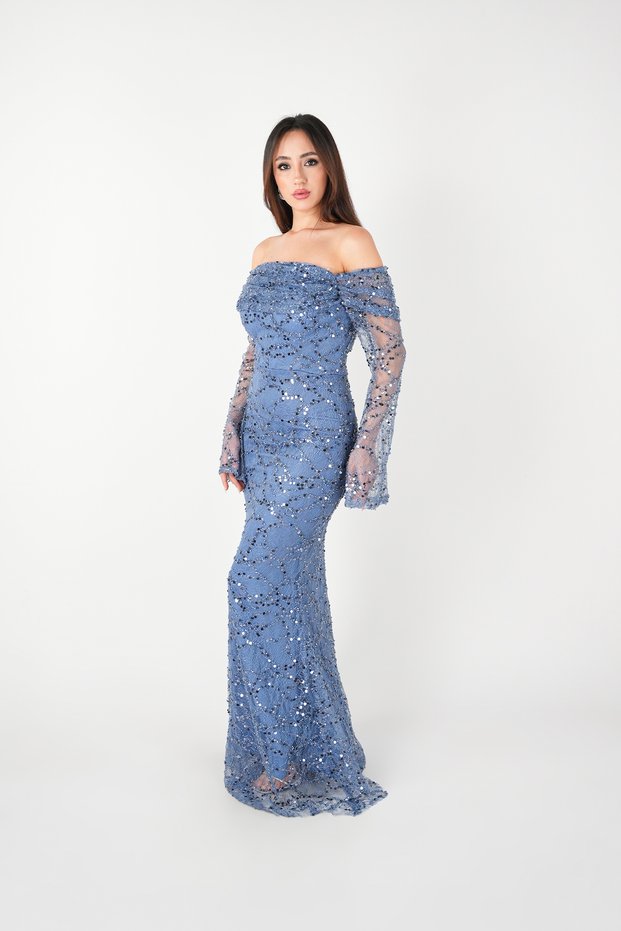 Full Beaded Fabric Boat Neck Evening Dress - Indigo Blue