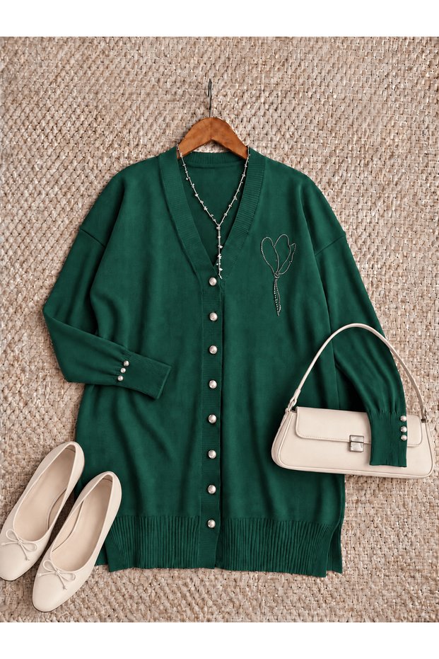 V-Neck, Stone-Collared, Embroidered Knit Cardigan - 3260 - Emerald Green (ÖS)