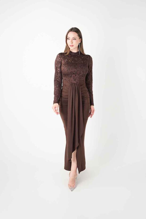 Top Lace Bottom Sandy Fabric Dress - Brown