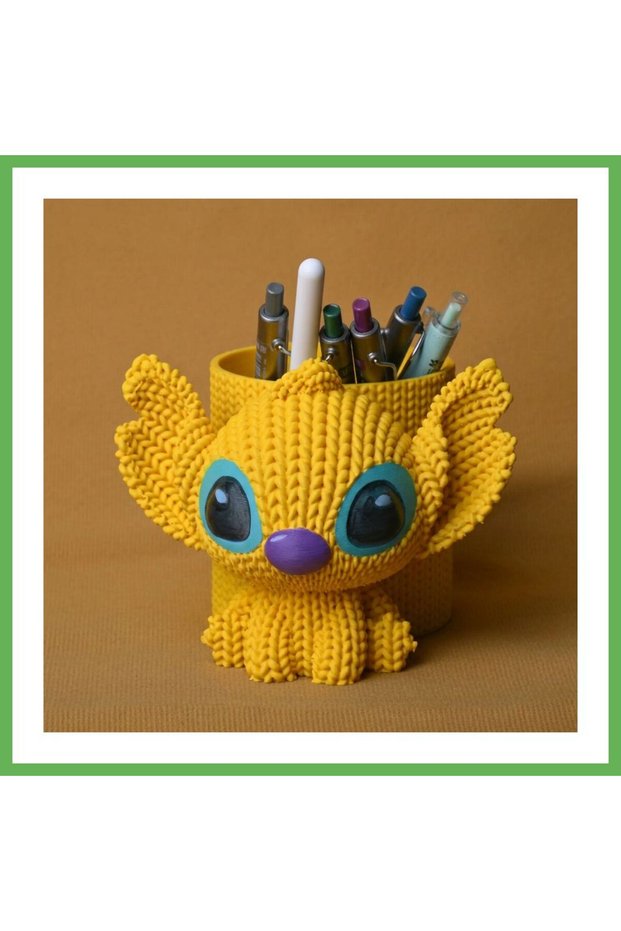 3D-Printed Knitted Pencil Holder - Cute Character Desktop Pen Organizer - Yellow GEN01