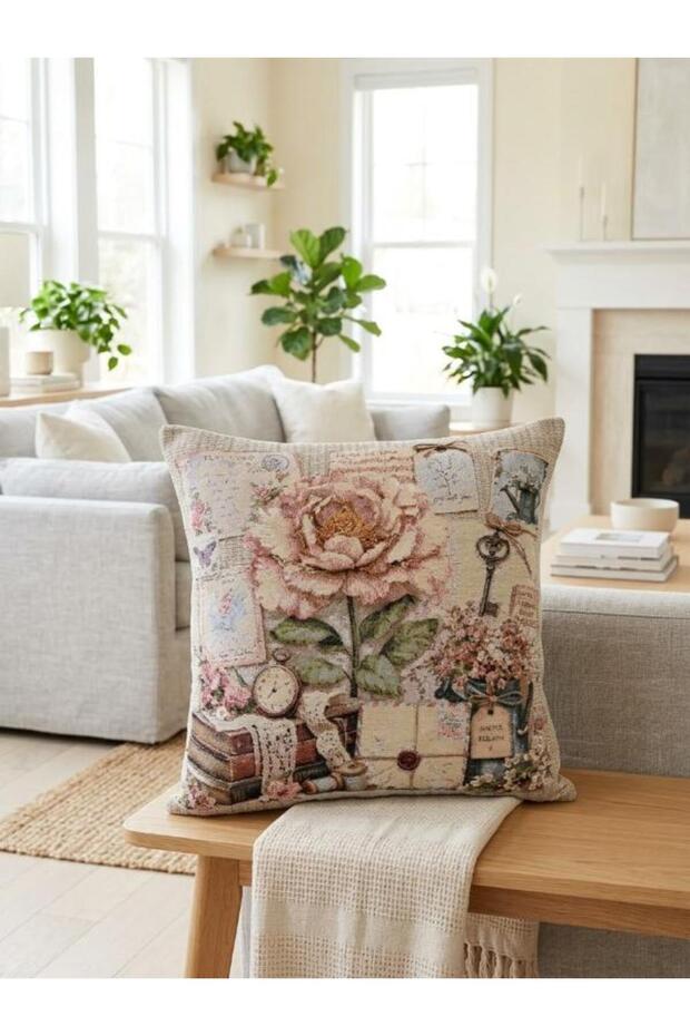 ANTIQUE KEY AND PEONY JACQUARD-WOVEN TAPESTRY DECORATIVE PILLOW 45×45 cm