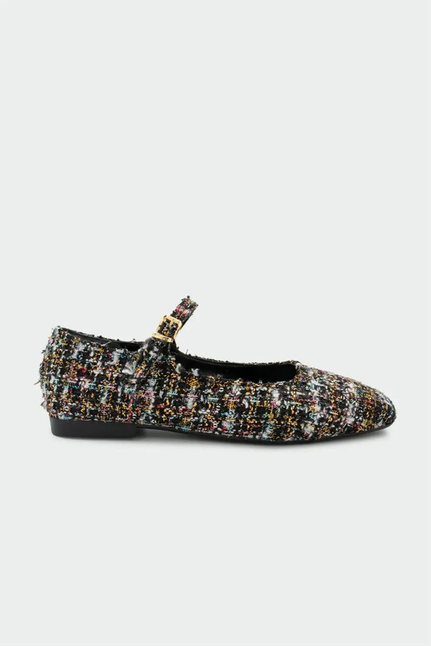 Atrıa Black Tweed Mary Janes Women's Ballet Flats with Buckle Detail