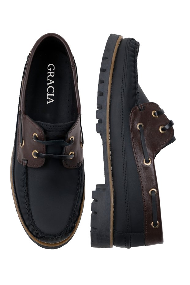 Men's Genuine Leather Boat Shoes, Black and Brown, Lace-Up, Thick Textured Non-Slip Sole, Casual Everyday