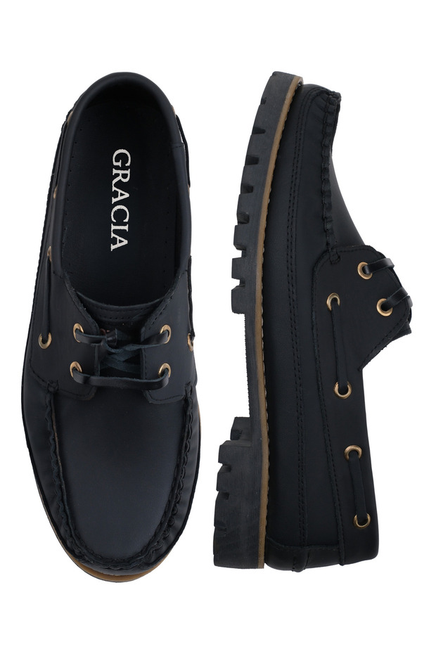 Men's Genuine Leather Boat Shoes, Black, Lace-Up, Thick Sole, Non-Slip Sole, Everyday, Casual, Office