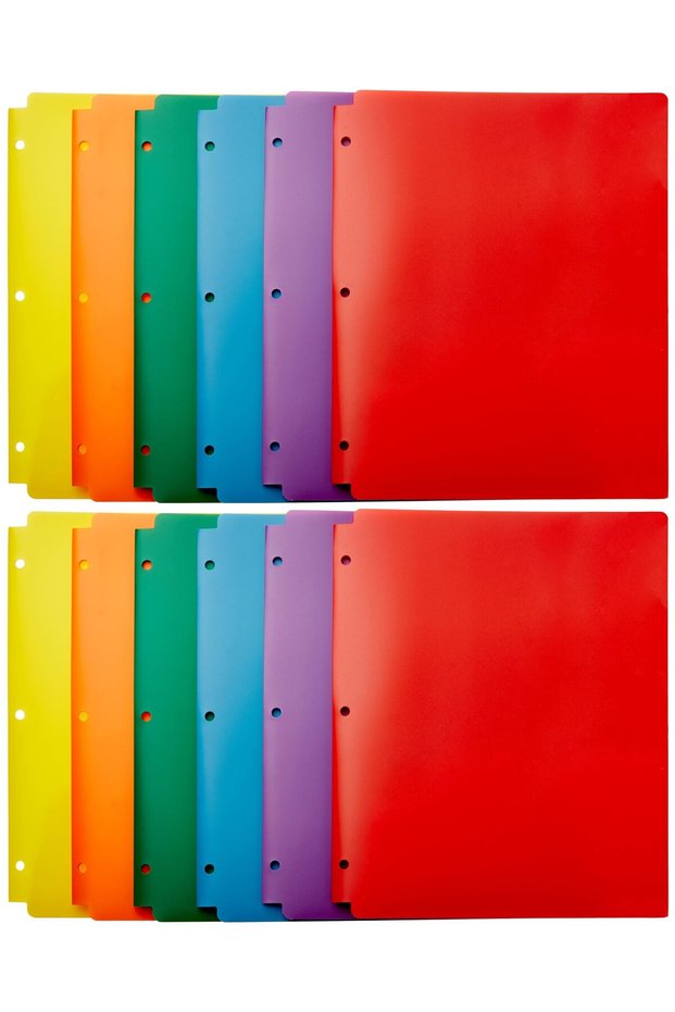 Plastic 3 Hole Punch Folders with 2 Pockets, Multicolor Pack of 12