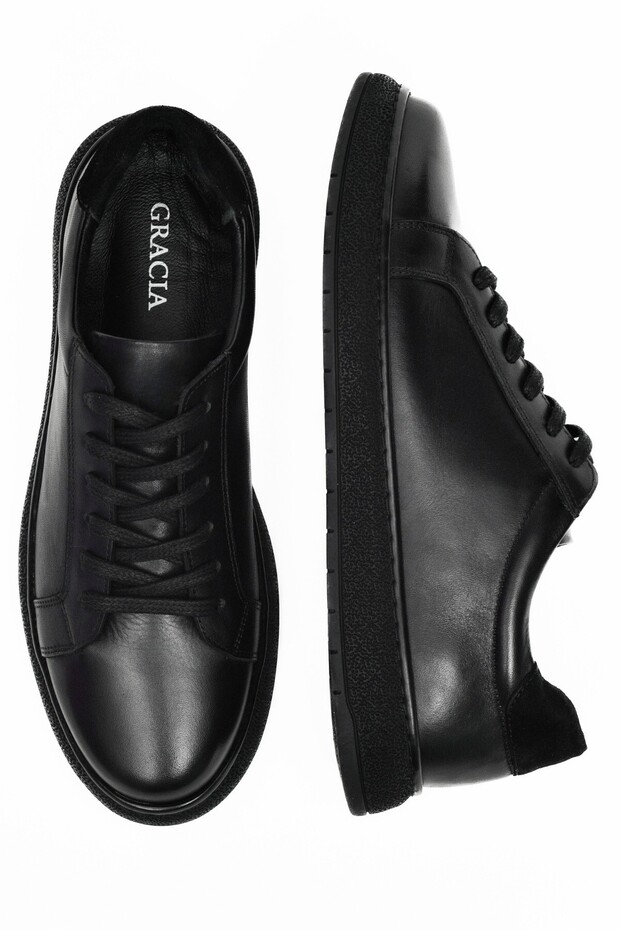 Men's Genuine Leather Sneakers, Black, Casual Shoes, Lace-Up, Orthopedic, Non-Slip Rubber Sole, Casual