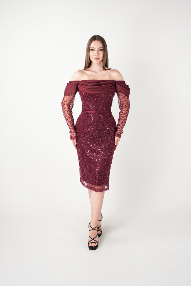 Full Beaded Fabric Satin Degaje Collar Pencil Dress - Bordo