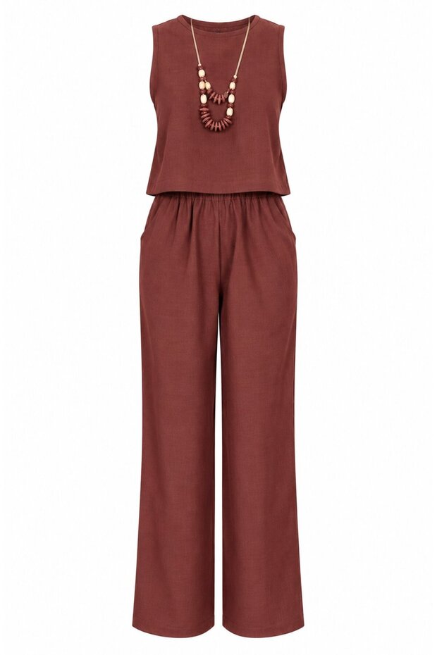 Terracotta Color Blouse and Pants Set with Accessories - 2y8757