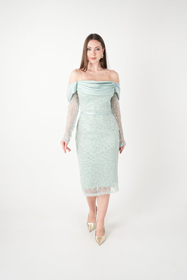 Full Beaded Fabric Satin Degaje Collar Pencil Dress - Mint Green