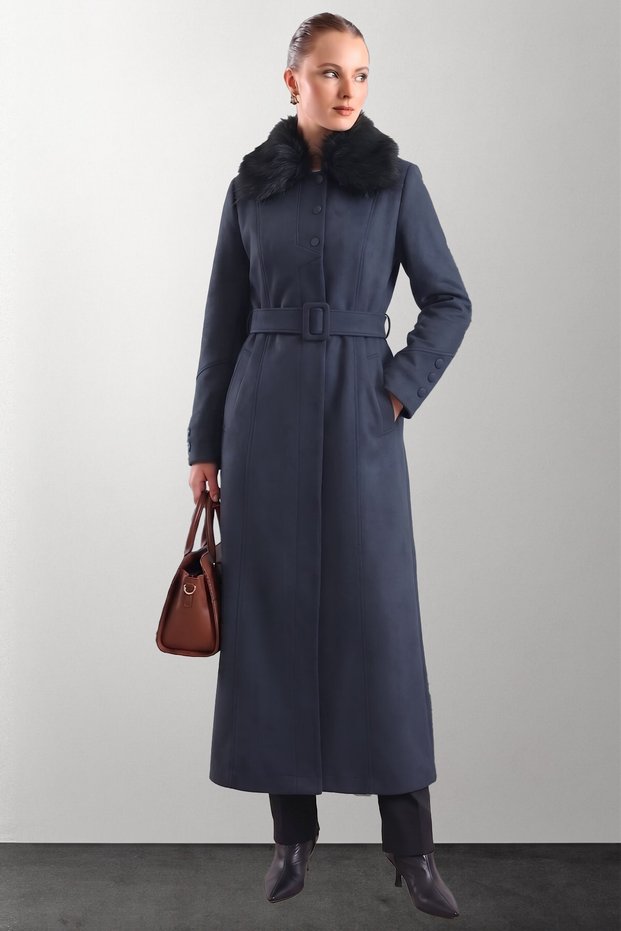 Detachable Fur-Trimmed Belted Gabardine Suede Trench Coat, NAVY BLUE 6924