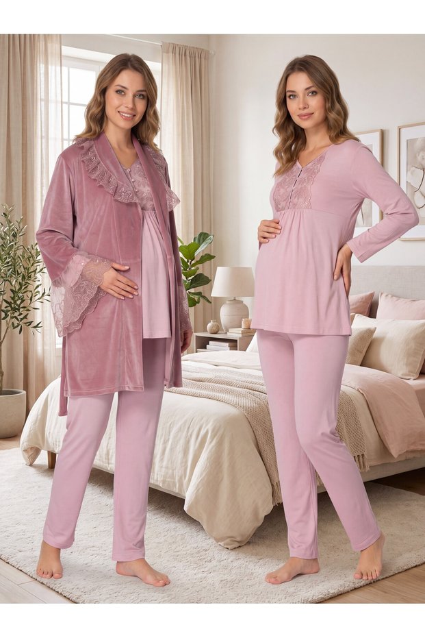 New Season Pink Lace-Detailed, Easy-Breastfeeding Design, Long-Sleeved Postpartum and Maternity Velvet Robe Pajama Set