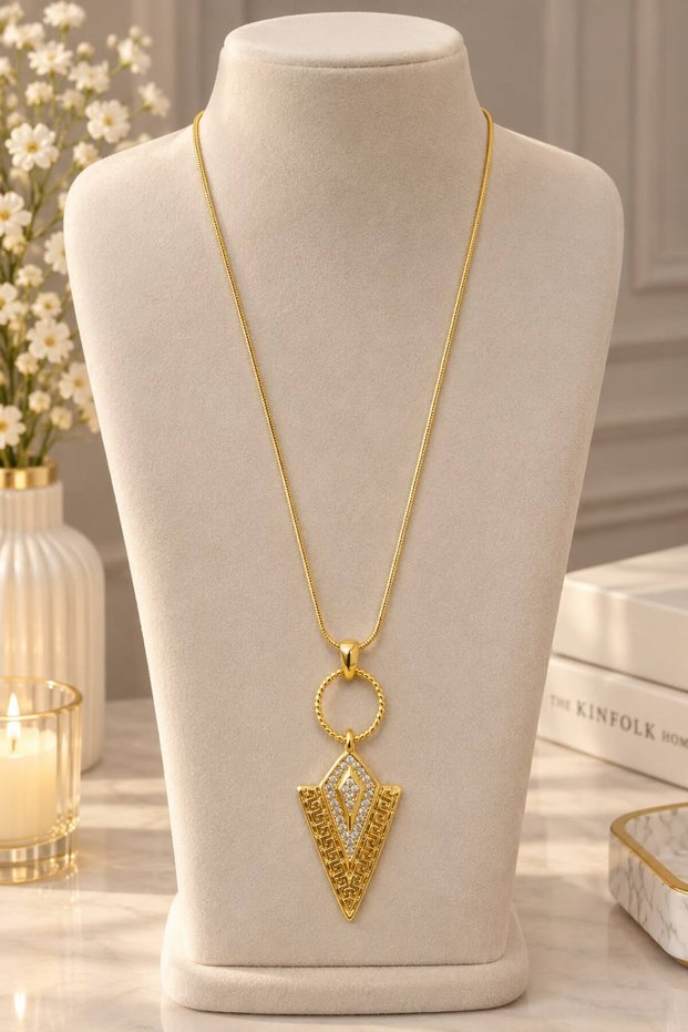 Gold-Colored Steel Triangle Necklace with Detailed Zircon Stones