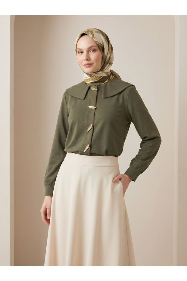 Shawl Collar Tunic with Pockets—Khaki