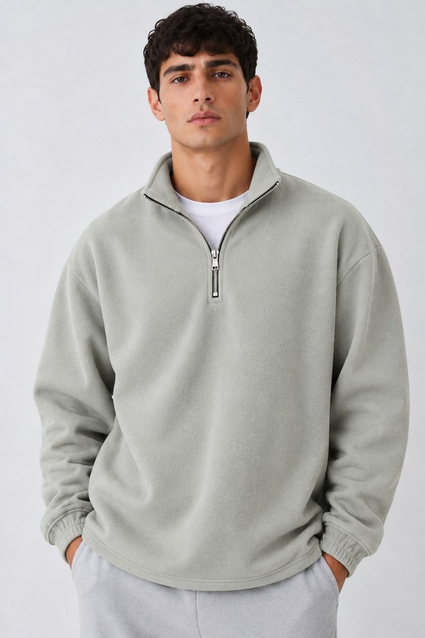 Men's Oversized Long-Sleeved Gray Fleece with Half-Zip