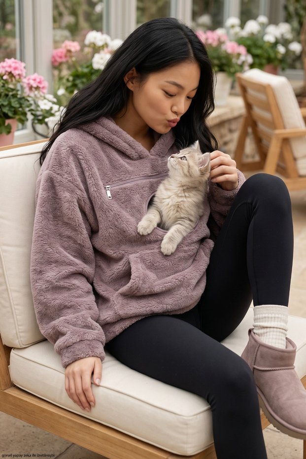 Taupe Color Mink Paw Pocketed Sweatshirt with Kangaroo Pocket, Zippered Pocket, and Wellsoft Knit Baby Carrier 8112
