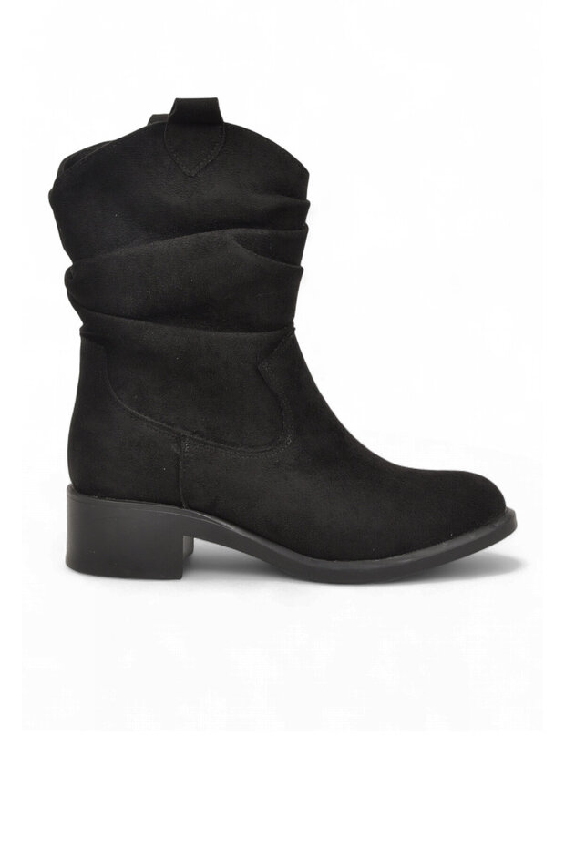 Women's Black Suede Western Boots with Fleece-Lined Design and Ruched Detail, Women's Heeled Boots 667309