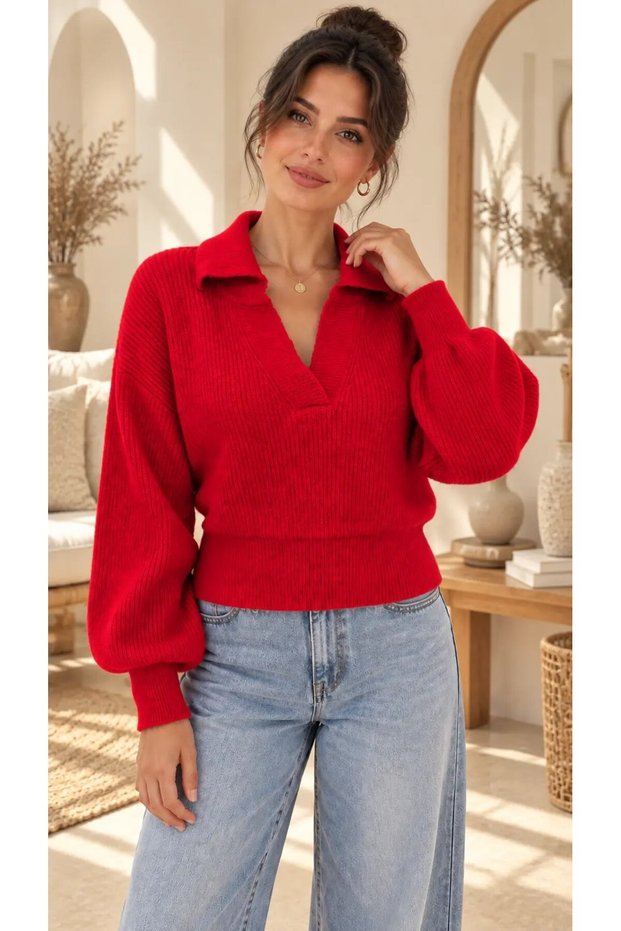 Women's Polo Collar Puff-Sleeve Corded Fabric Knit Sweater 8756Sw