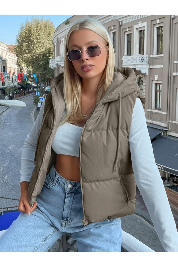 Beige Skirt, Tunnel-Style, Puffer-Sleeve Women's Vest