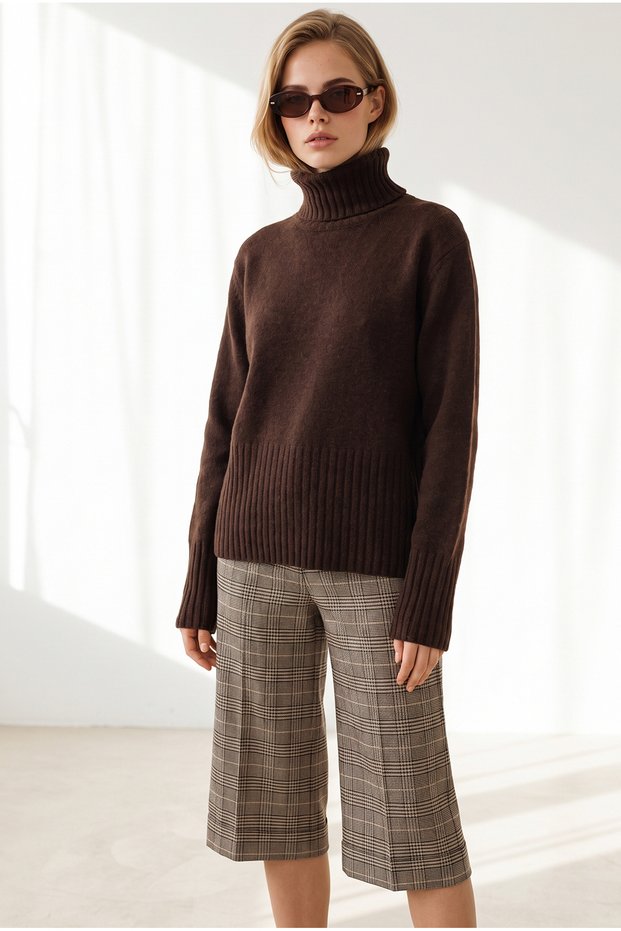 Women's Brown Boat Neck Knit Sweater with Corded Fabric Collar Detail KZK-19001202