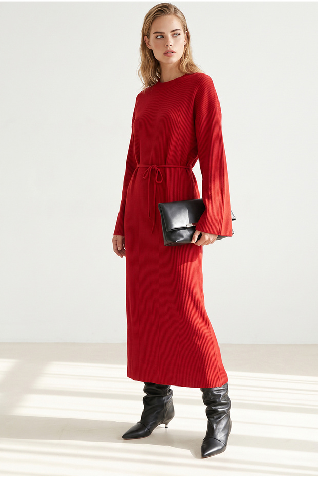 Women's Red Corded Fabric Long Knit Dress ELB-19002694