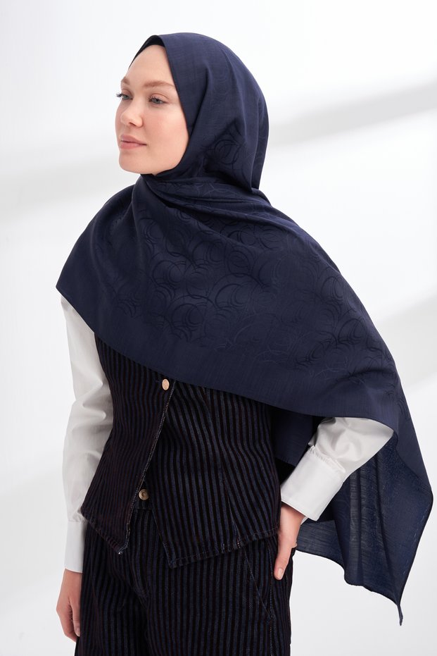 LIORA PATTERNED FLOOR-LENGTH COTTON SCARF - NAVY BLUE